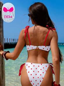 SHEIN DD+ Bộ bikini gợi cảm dành cho nữ, cỡ DD+, có gọng nâng ngực, kiểu dáng vỏ sò, dây đeo có thể điều chỉnh và thắt eo, thích hợp cho mùa xuân/hè. - Đỏ và trắng - Xem 2