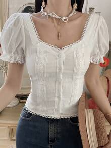 Women's Summer Lace Trim French Petal Sleeve Cropped Top - White - View 7