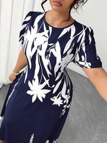 SHEIN PETITE CURVE Plus Size Women Elegant A-Line Dress, Slimming Waist, Suitable For Daily Commute And Beach Vacation Gym Brown Summer - Navy Blue - View 8