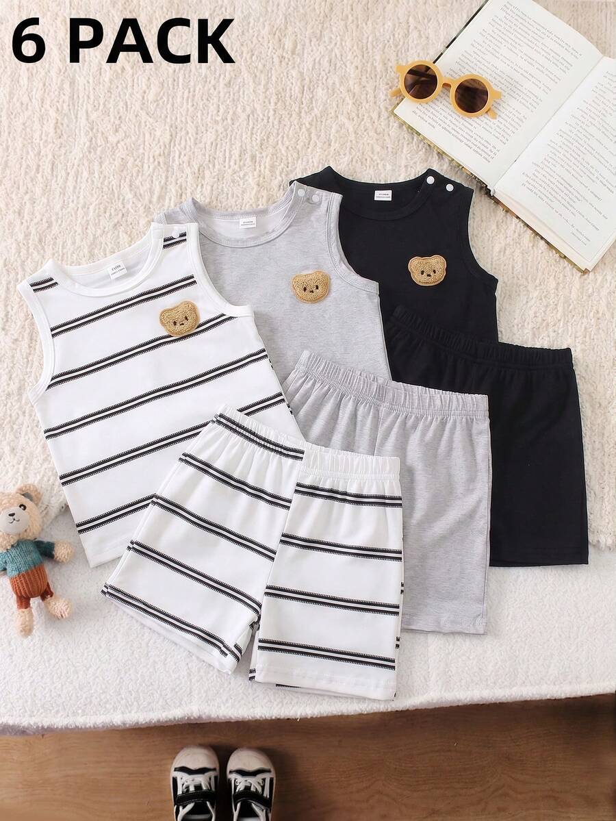 SHEIN Playful Pals 3件套男婴/中性婴幼儿新生儿0-3岁条纹纯色三件套,包括圆领无袖背心、小熊刺绣上衣和短裤,休闲可爱夏季套装,适合日常外出。 - 彩色 - 查看 1