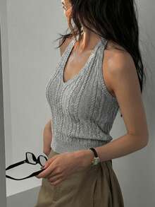 DAZY Women's Solid Color Fitted Halter Casual Sexy Street Sleeveless Sweater Vest Y2k Summer Back-To-School Golf Pastal - Grey - View 6