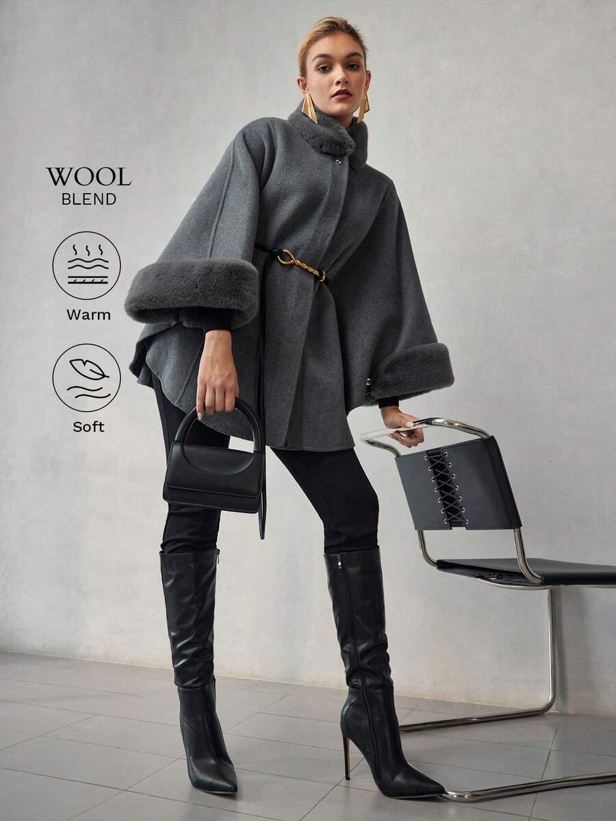 PREMIUM CAPA CON SOBRECAPA DE LANA CON CONTRASTE DE CADENA ESPONJOSA Y CINTURÓN - Gris Oscuro - Ver 1