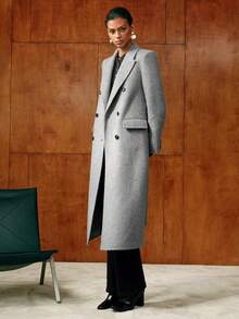 MOTF PREMIUM WOOL PEAK COLLAR DOUBLE BREASTED PLACKET BELTED OVERCOAT - Grey - View 5