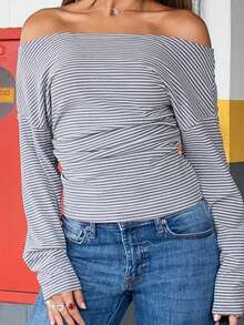 女士条纹不对称肩部修身T恤 - 灰色 - 查看 5