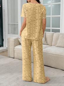 Serenescape Wisteria Floral Lace Patchwork Sheer Shoulder Pajama Set With Short Sleeve Top And Pants - Yellow - View 2