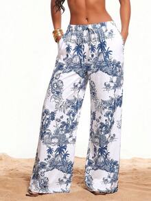 Radiana Plus Size Women's Casual Boho Elegant Loose Straight Leg Pants With Light Blue Floral Print, Summer All-Season Beach Vacation Holiday Wear - Blue and White - View 5