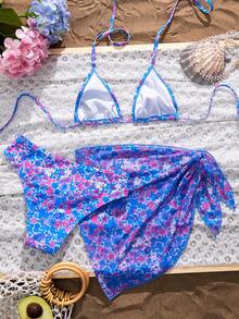 SHEIN Swim Vcay Bộ bikini 3 mảnh gợi cảm dành cho nữ, thích hợp cho kỳ nghỉ hè ở bãi biển, họa tiết hoa nhí, kiểu buộc dây cổ. - Nhiều màu - Xem 2