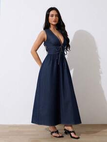 SHEIN Tall Đầm denim không tay cổ chữ V sâu gợi cảm dành cho nữ, thắt dây. - Rửa tối - Xem 10