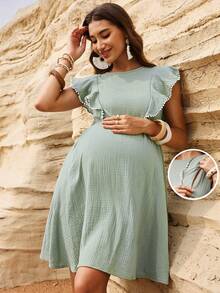 Boho Mama 孕妇哺乳连衣裙，褶皱休闲度假连衣裙 - 綠色 - 查看 3