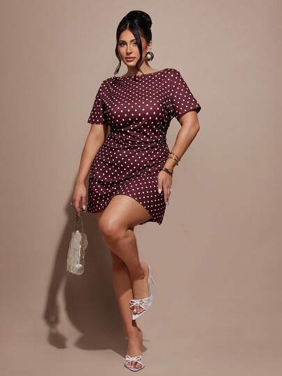 SHEIN BAE Plus Size Women's Polka Dot Short Dress, Wine Red Polka Dot, Inclusive,Women Polka Dot Short Dress Round Neck Short Sleeve Burgundy Casual Mini Dress
Chic Women's Burgundy Polka Dot Boat Neck Short Sleeve Mini Dress For Everyday Style
Stylish Women's Round Neck Polka Dot Mini Dress Short Sleeve For Casual Outings