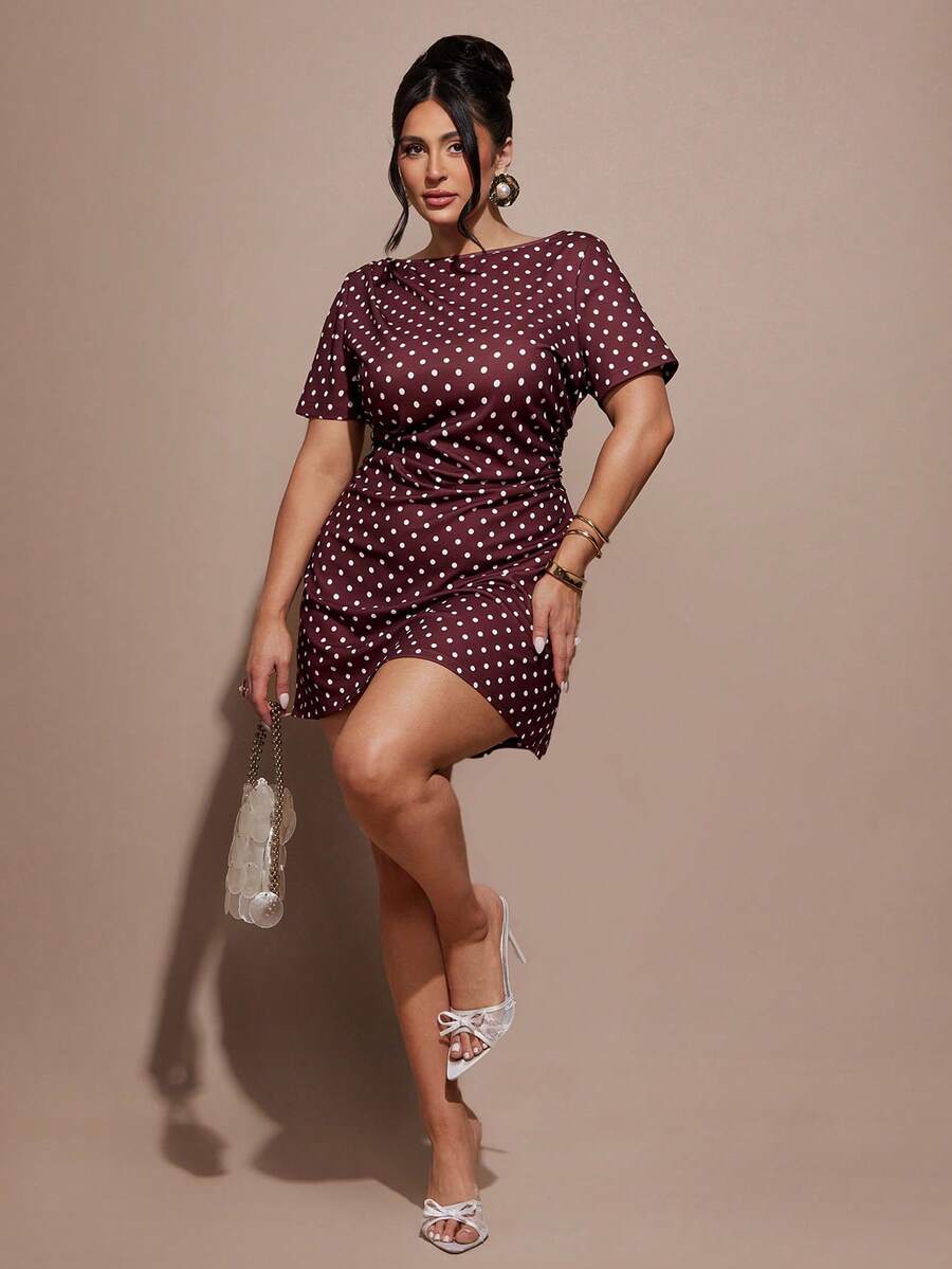SHEIN BAE Plus Size Women's Polka Dot Short Dress, White Polka Dot Polka Dot, Inclusive,Women Polka Dot Short Dress Round Neck Short Sleeve Casual Casual Elegant Mini DressChic Women's Polka Dot Boat Neck Short Sleeve Mini Dress For Everyday StyleStylish Women's Round Neck Polka Dot Mini Dress Short Sleeve For Outings Brunch Holiday Summer - Multicolor - View 1