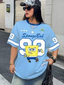 SpongeBob SquarePants | SHEIN 大码卡通印花圆领短袖T恤 - 白色 - 查看 4