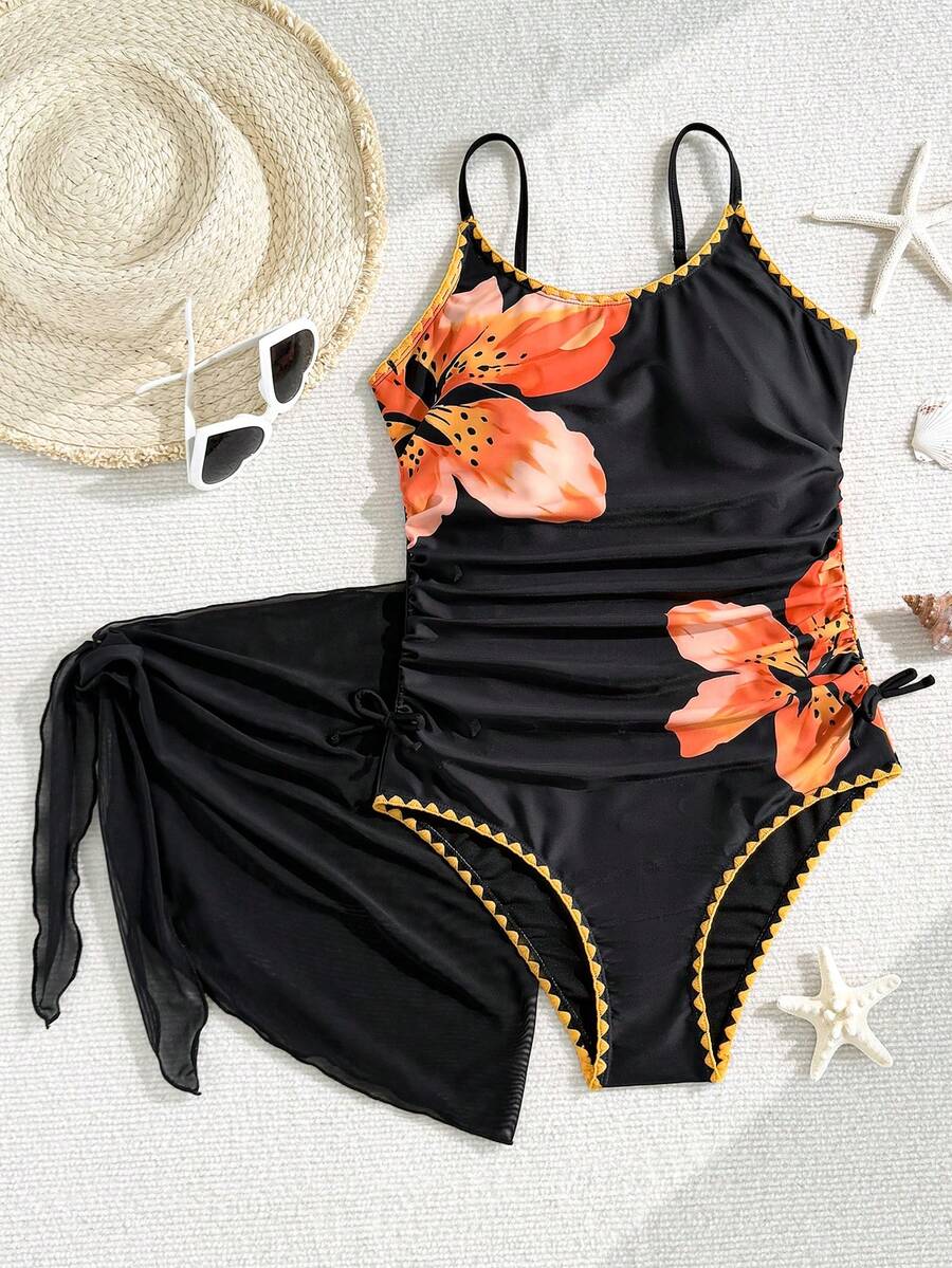 SHEIN Bộ đồ bơi liền thân màu trắng in hoa dành cho thiếu nữ, có bèo nhún ở eo và chân váy rời, kiểu dáng thường ngày, thích hợp cho kỳ nghỉ biển. - màu đen - Xem 1
