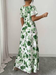 SHEIN Elenzya 女款白色碎花夏季優雅婚禮賓客玫瑰小碎花前褶皺荷葉袖A字長洋裝，休閒度假時尚復古 - 彩色 - 查看 2