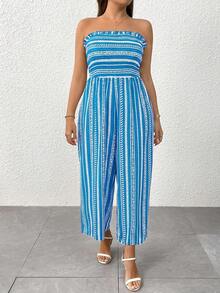 SHEIN Clasi Bộ jumpsuit nữ dáng suông, không dây vai, ống rộng, thích hợp cho kỳ nghỉ, thường ngày, kiểu dáng ôm sát. - Màu xanh lam - Xem 8