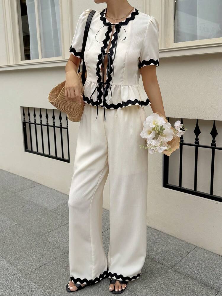 Women's Contrast Color Patchwork Short Sleeve Cardigan And Loose Palazzo Pants Elegant 2 Pieces Set, Vacation Style