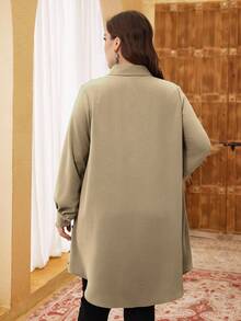 Lacomfia Plus Size Long Sleeve Solid Color Embroidered Button-Up Casual Shirt - Khaki - View 2