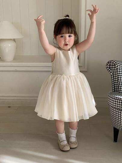 DAZY Đầm satin không tay cổ tròn kiểu Hàn Quốc thắt nơ cho bé gái sơ sinh/trẻ nhỏ