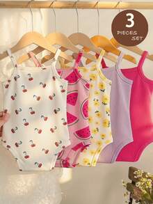 SHEIN LMoss Kids Bộ 3 món áo liền quần họa tiết hoa nhí dễ thương cho bé gái mùa hè - Nhiều màu - Xem 2