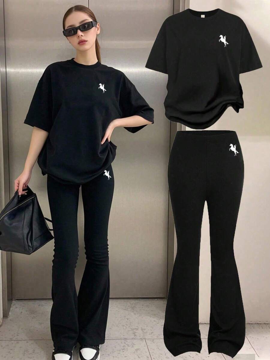 SHEIN EZwear 2件套女式短袖T恤和喇叭裤套装夏季 - 黑色 - 查看 1