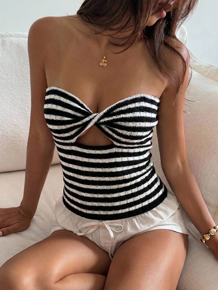 Striped Twist Hollow Out Tube Top, Sexy Summer Vacation Knit Camisole For Women