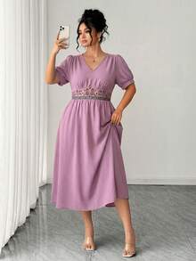 SHEIN Elenzya Plus Size Elegant Purple Summer Embroidered Dresses  Women,V-Neck Cinched Waist Casual Vacation Tea Party Dress,Solid Color Long Sleeve New Arrival - Pink - View 5