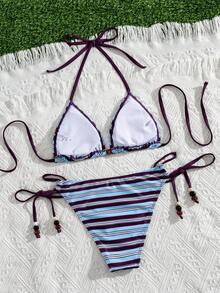 Swim Vcay Bộ bikini gợi cảm kẻ sọc đính hạt, kiểu cổ yếm hở lưng, cúp tam giác, thích hợp cho kỳ nghỉ hè. - Nhiều màu - Xem 3