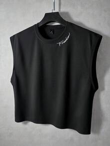 PAVTROS 男士黑色短版背心，刺繡自由元素，夏季街頭休閒風，黑白城市度假風，熱門品牌，日常戶外音樂節禮物，假期穿搭 - 黑色 - 查看 5