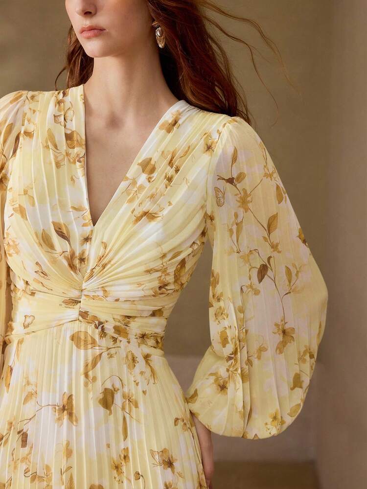 WOMEN'S LONG SLEEVE PLEATED ROMANTIC ELEGANT PRINTED MAXI DRESS, SPRING/SUMMER