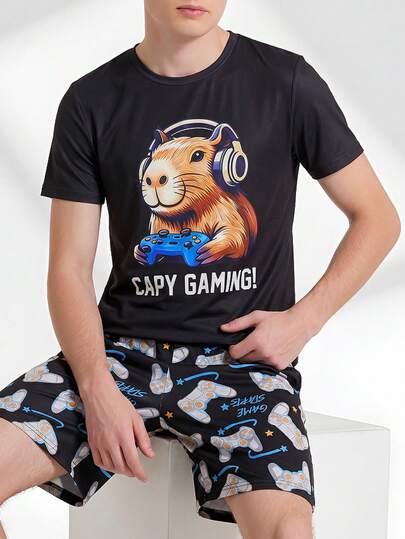 SHEIN Bộ đồ ngủ nam 2 món gồm áo thun ngắn tay và quần short in chữ và hình máy chơi game.