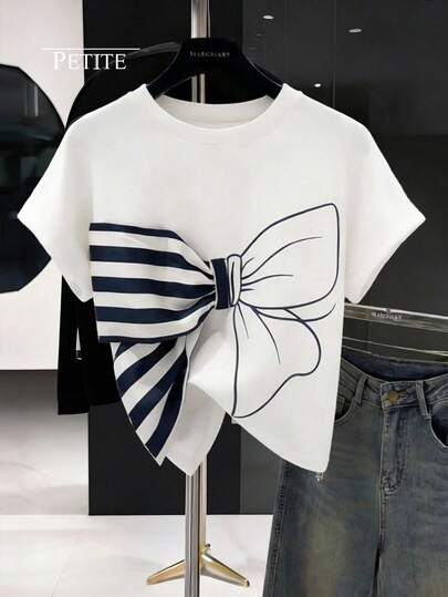 SHEIN 1pc Casual Fashionable Daily Wear Pearl Decor Bow Graphic White Short Sleeve Round Neck T-Shirt For Teenage Girls, Summer