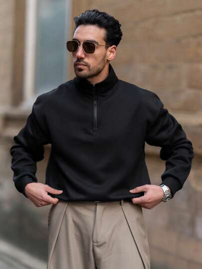 YOUESAWY YOUESAWY 1 pieza Sudadera holgada de media cremallera con cuello para hombre, unicolor y ligera