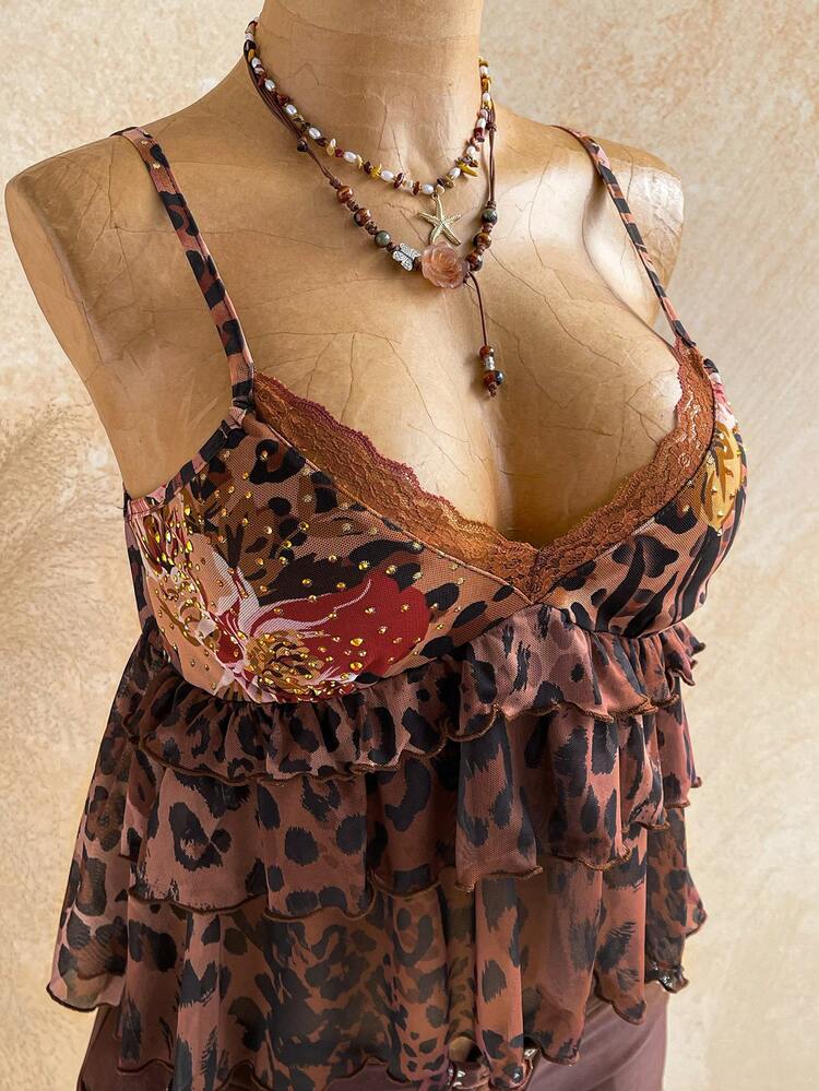 SHEIN WYWH 女士时尚简约印花蕾丝拼接吊带背心 - 彩色 - 查看 3