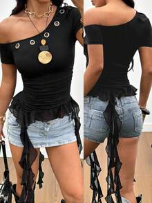 SHEIN EZwear 1 pièce T-shirt à une épaule avec volant en tricot noir pour femmes - Noir - Voir 1