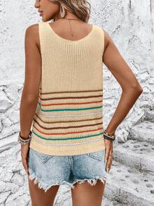 SHEIN LUNE Áo vest dệt kim mùa hè không tay cổ chữ V kẻ sọc dành cho nữ - Màu be - Xem 2