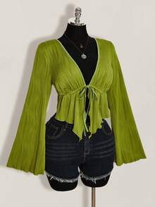 SHEIN ICON Áo kiểu nữ cỡ lớn mùa hè thanh lịch, màu trơn, có họa tiết, thắt nơ phía trước, tay áo loe, vạt bất đối xứng - Màu xanh Ô liu - Xem 6