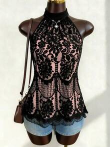 EMERY ROSE Blusa elegante de estilo francés con cuello alto, de tela de encaje y forro contrastante, para uso diario en primavera/verano/otoño, talla grande - Rosa - View 4