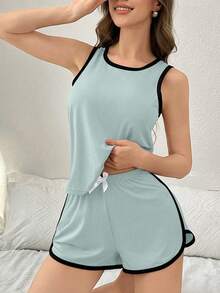 Softscene Contrast Trim Casual Tank Top And Shorts Women Pajama Set - Baby Blue - View 6