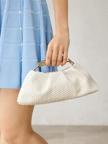 MOTF PREMIUM BOLSO DE MANO DE MUJER DE PIEL SINTÉTICA TRENZADA CON GRABADO, HERRAJES FINOS - Trenza blanquecina - Ver 8