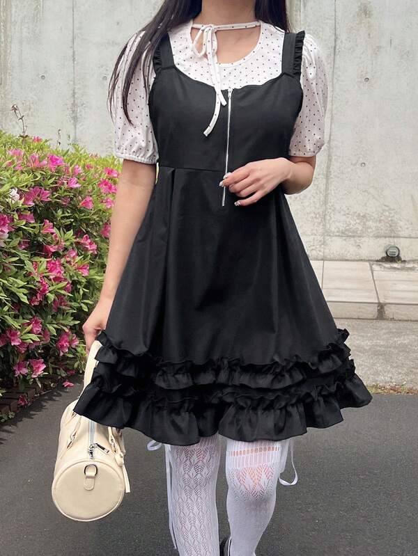 FRIFUL Vestido mini de mujer de unicolor con volantes en los tirantes