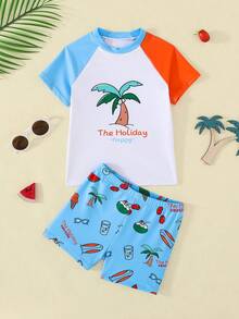SHEIN Bộ đồ bơi nam trẻ em kiểu dáng tối giản, in hình nhện, siêu anh hùng và ngọn lửa, gồm áo thun ngắn tay cổ tròn dáng rộng và quần short, thích hợp cho mùa hè. - Nhiều màu - Xem 3