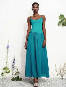 Aveloria Modichic Đầm phối satin và chiffon màu xanh hồ, dáng xòe, thanh lịch và tinh tế, thích hợp cho các bữa tiệc, lễ hội, kỳ nghỉ, đa năng cho mùa xuân/hè. - Màu xanh ngọc - Xem 3