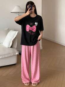 HELLO KITTY | DAZY 女士甜美蝴蝶结印花T恤和豹纹睡裤套装，夏季 - 黑色 - 查看 4