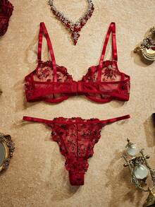 PinupPomp 2pcs/Set Women's Heart Stone Decor Embroidered Sexy Lingerie Set - Burgundy - View 2