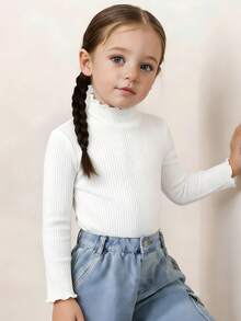 Elladie kids Young Girl Toddler Girls Stand Collar Lettuce Trim Tee - White - View 4