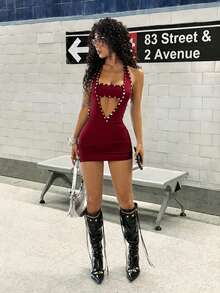 StreetHx Women's Punk Rock Rivet Deep V-Neck Backless Bodycon Mini Dress - Burgundy - View 7