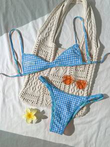 Swim Mod 夏季新款欧美甜美花卉撞色格纹双面两件式泳衣套装，系带三点式高腰比基尼泳裤，蓝色碎花撞色滚边性感加垫比基尼泳衣套装，沙滩度假比基尼 - 彩色 - 查看 3