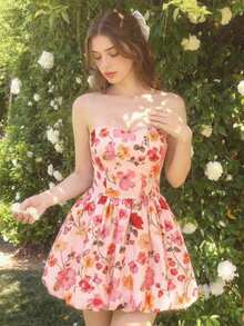 Joudiya Spring & Summer Floral & Butterfly Print Off-Shoulder Bodycon Mini Dress, Casual Sweet Girl Dress For Music Festival, Valentine's Day, Wedding, Party, Elegant Commuter Dress - Pink - View 7