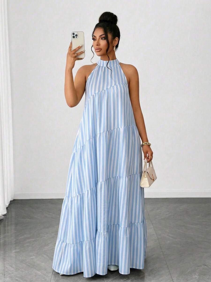 Xyvia Women's Striped Backless Ruffle Casual Date Party Dress - Blue and White - View 1