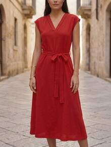 Vestido Midi Rojo Casual con Cinturón - Rojo - Ver 3